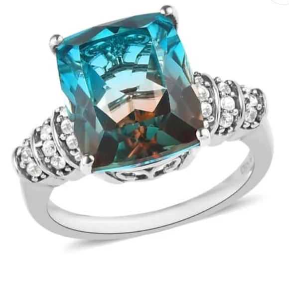 Aqua Colorful Terra Costa Quartz Triplet & White Zircon Ring in 925! Size 7 New - Picture 3 of 14